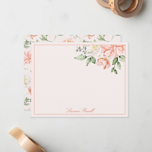 Blush Pink Botanical Romantic Floral Personalized Note Card (Front/Back In Situ)