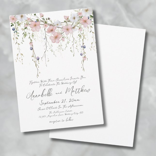 Blush Pink Botanical Watercolor Wildflower Wedding Invitation (Blush Pink Watercolor Botanical Floral Wedding Invitation)