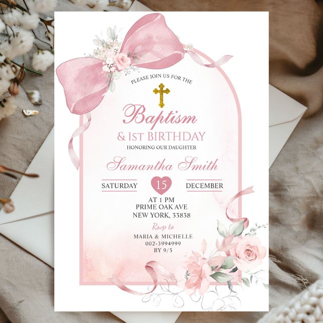 Blush Pink Bow Arch First Birthday and Baptism Invitation (Creator Uploaded)