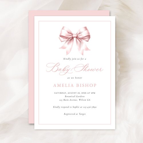 Blush Pink Bow Baby Girl Elegant Baby Shower Invitation
