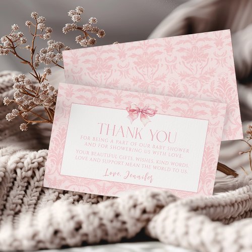 Blush pink bow baby girl shower thank you enclosure card