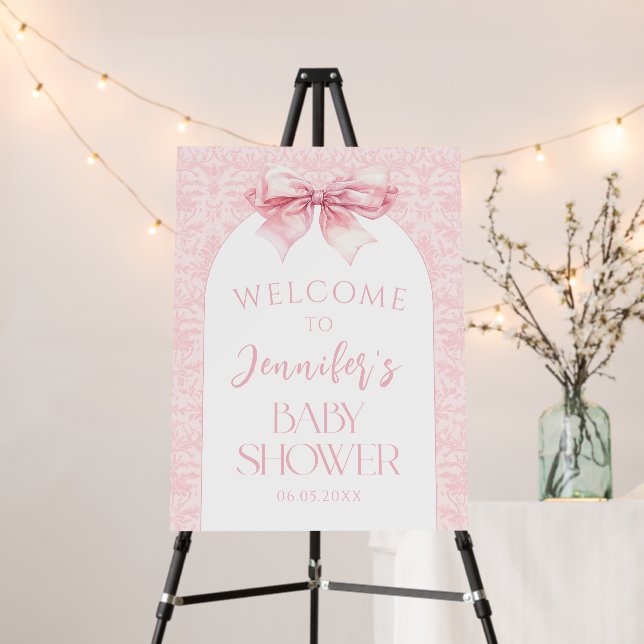 Blush Pink Bow Baby Girl Shower Welcome Sign Board (In Situ (Stand))