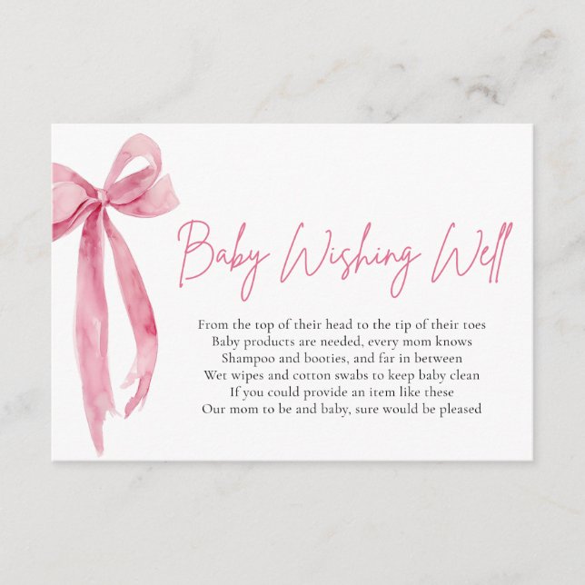 Blush Pink Bow Baby Wishing Well Baby Shower Enclosure Card (Front)