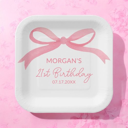 Blush Pink Bow Birthday Party Cute Name Paper Plates