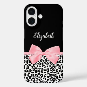 Blush Pink Bow Black White Leopard Print Pattern iPhone 16 Case