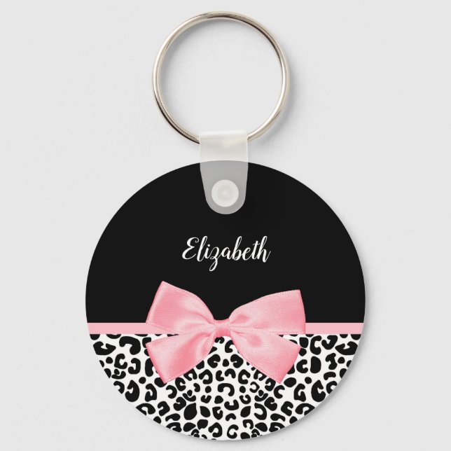 Blush Pink Bow Black White Leopard Print Pattern Keychain (Front)