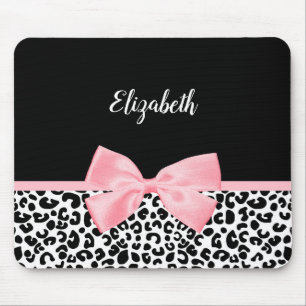 Blush Pink Bow Black White Leopard Print Pattern Mouse Pad