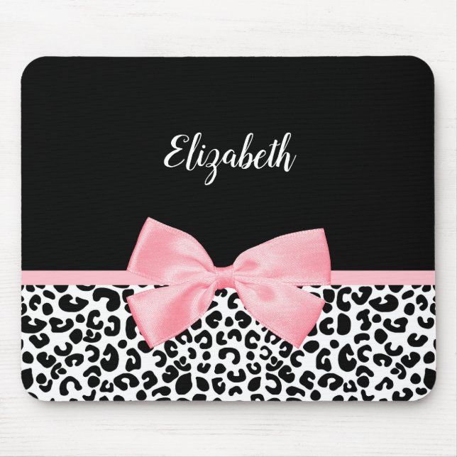 Blush Pink Bow Black White Leopard Print Pattern Mouse Pad (Front)