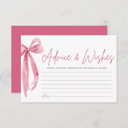 Blush Pink Bow Bridal Shower Advice  Wishes Card