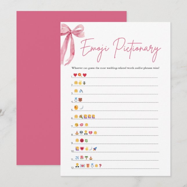 Blush Pink Bow Bridal Shower Emoji Pictionary Game Invitation (Front/Back)