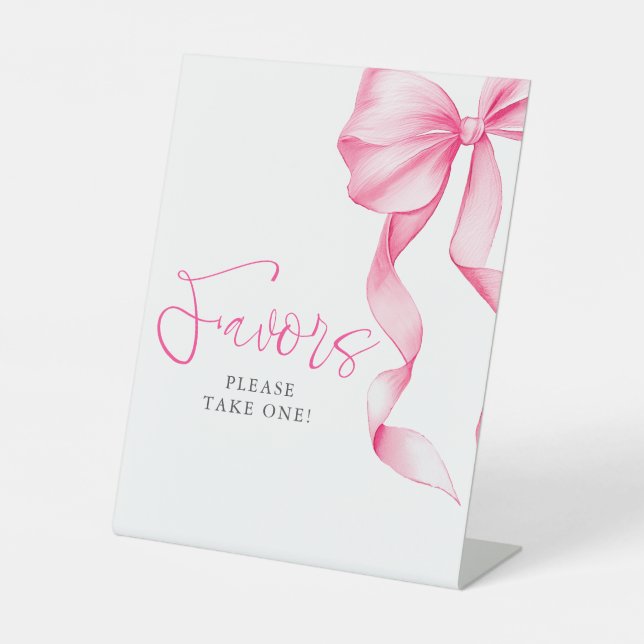 Blush Pink Bow Bridal Shower Favors Pedestal Sign (Front)