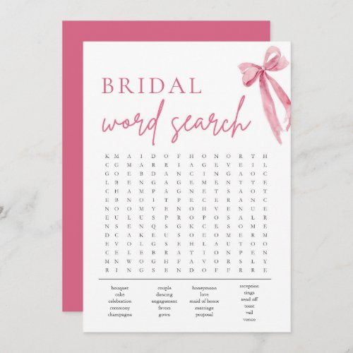 Blush Pink Bow Bridal Shower Word Search Game Invitation