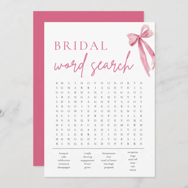 Blush Pink Bow Bridal Shower Word Search Game Invitation Zazzle 1141