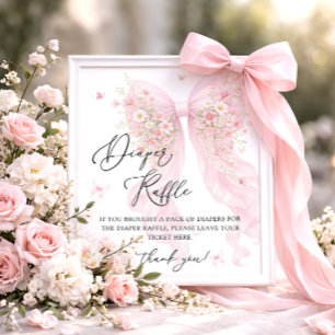 Blush Pink Bow Butterfly Baby Shower Diaper Raffle Poster