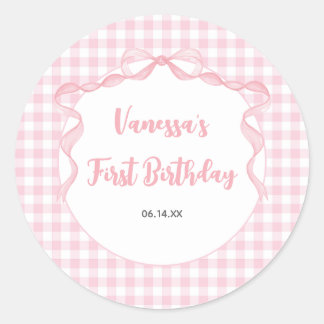 Blush Pink Bow Coquette 1st Birthday Classic Round Sticker
