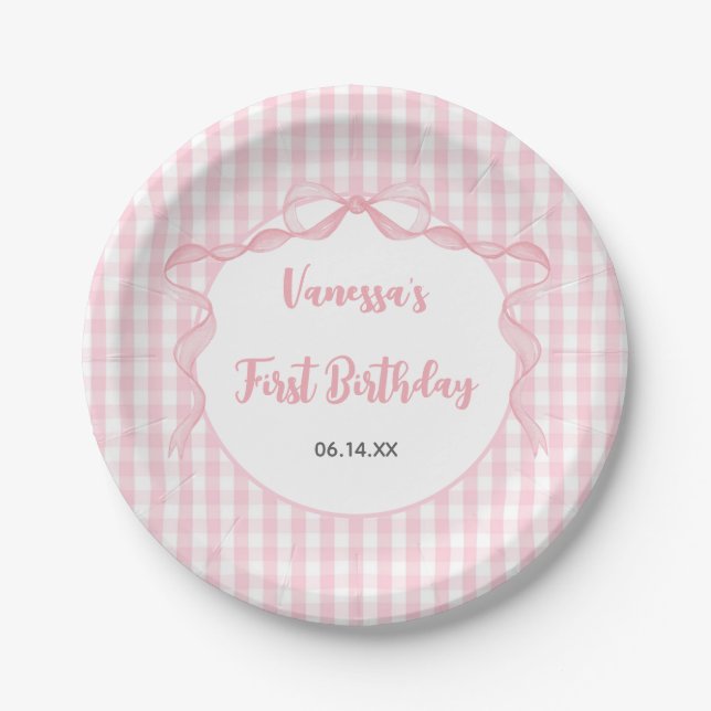 Blush Pink Bow Coquette 1st Birthday Paper Plates (Front)