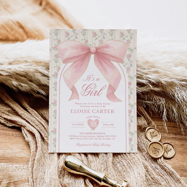Blush Pink Bow Coquette Girl Baby Shower Invitation | Zazzle