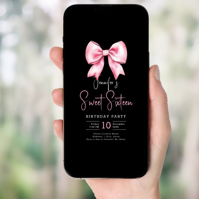 Blush Pink Bow Coquette Script Sweet 16 Black Invitation (Front Digital)