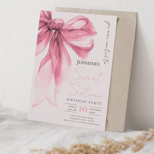 Blush Pink Bow Coquette Script Sweet 16 Party 