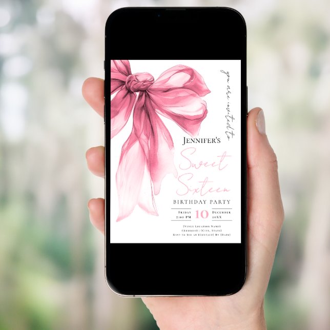 Blush Pink Bow Coquette Script Sweet 16 Party  Invitation (Front Digital)