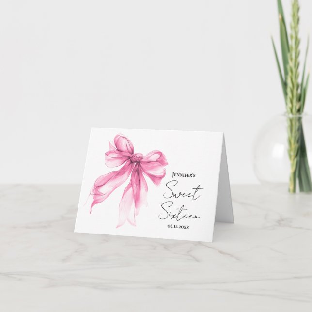 Blush Pink Bow Coquette Script Sweet 16 Thank You  (Front)