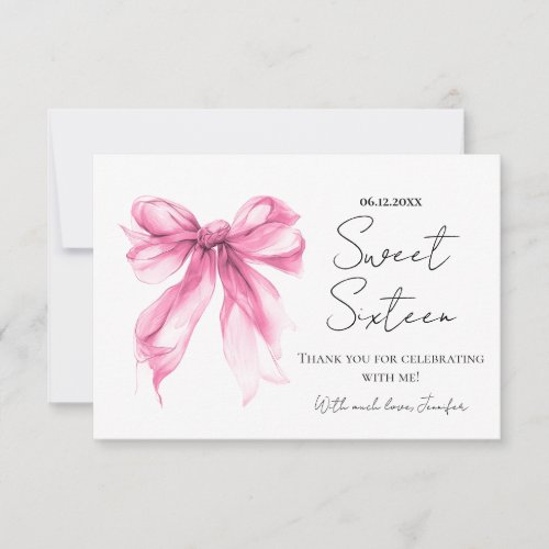 Blush Pink Bow Coquette Script Sweet 16 Thank You 