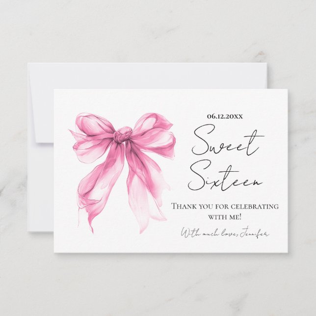 Blush Pink Bow Coquette Script Sweet 16 Thank You  Card (Front)