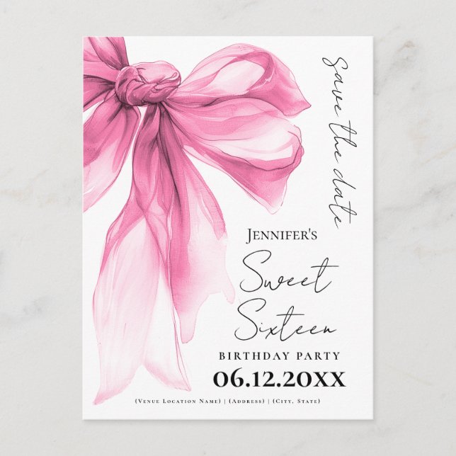 Blush Pink Bow Coquette Sweet 16 Save the Date  Postcard (Front)