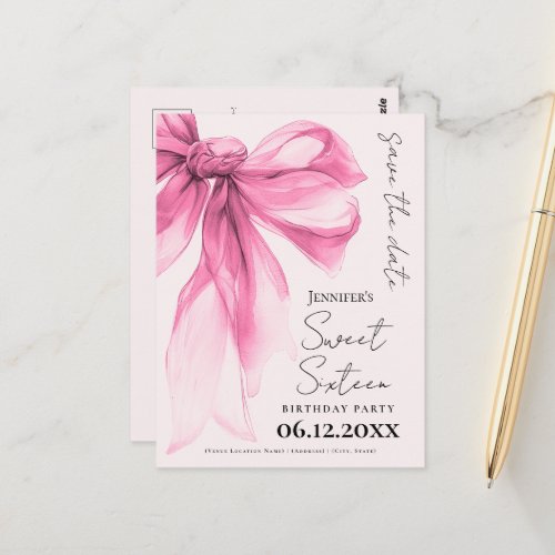 Blush Pink Bow Coquette Sweet 16 Save the Date 