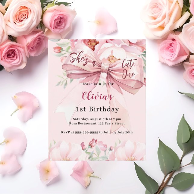 Blush pink bow cute one 1st birthday invitation (Creator Uploaded)