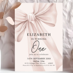 Blush Pink Bow Elegant First Birthday Party Invitation