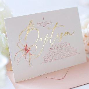 Blush Pink Bow Elegant Minimalist Girl Baptism Foil Invitation