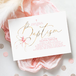 Blush Pink Bow Elegant Minimalist Girl Baptism Invitation