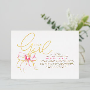 Blush Pink Bow Elegant Modern Girl Baby Shower Foil Invitation