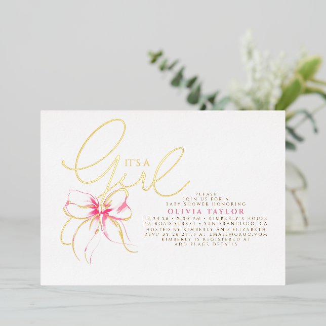 Blush Pink Bow Elegant Modern Girl Baby Shower Foil Invitation (Standing Front)