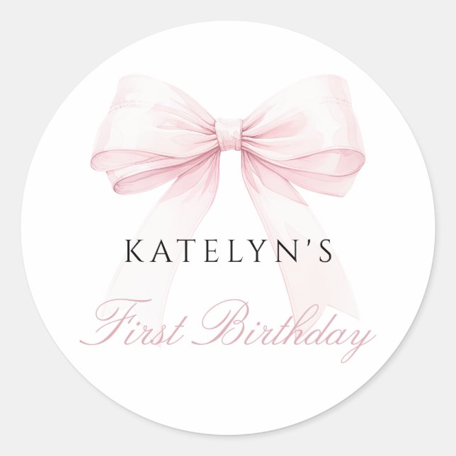 Blush Pink Bow First Birthday Classic Round Sticker (Front)