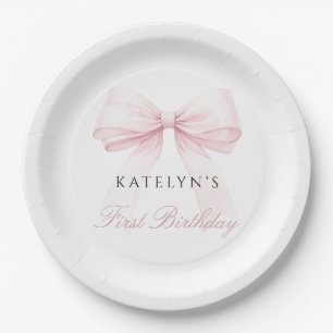 Blush Pink Bow First Birthday Paper Plates