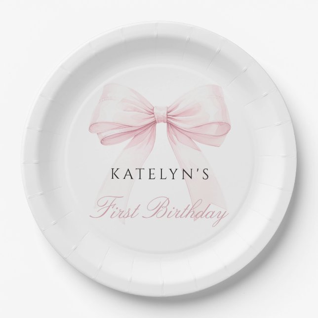 Blush Pink Bow First Birthday Paper Plates (Front)