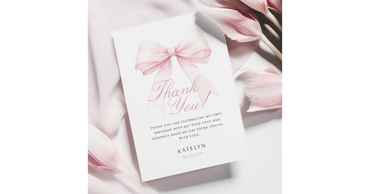 Blush Pink Bow First Birthday Thank You Card | Zazzle