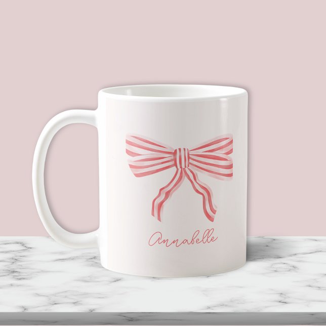 Blush Pink Bow & first name Coffee Mug (Blush pink striped bow mug with script name or choice of text.)