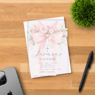 Blush Pink Bow Floral Baby Girl Baptism Acrylic Invitations
