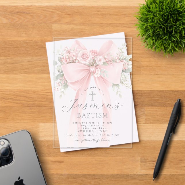 Blush Pink Bow Floral Baby Girl Baptism Acrylic Invitations (Insitu (Invitation Card))
