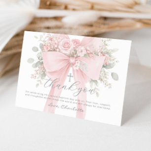 Blush Pink Bow Floral Baby Girl Baptism Letterpress Thank You Card