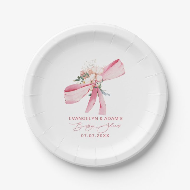 Blush Pink Bow Floral Baby Shower  Paper Plates (Front)