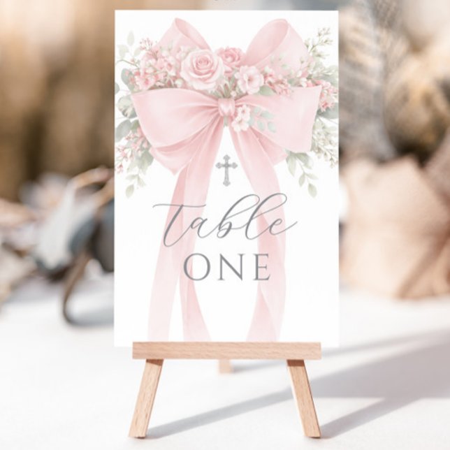 Blush Pink Bow Floral Baptism Table Number (Creator Uploaded)