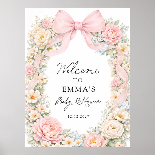 Blush Pink Bow Floral Coquette Baby Shower Welcome Poster (Front)