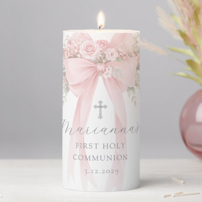 Blush Pink Bow Floral First Holy Communion Pillar Candle (In Situ)