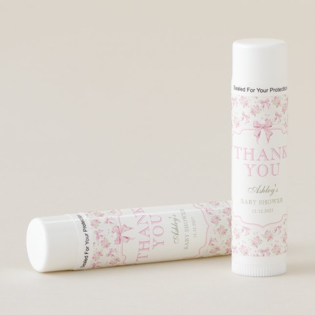Blush Pink Bow Floral Girl Baby Shower Thank You Lip Balm (Front)