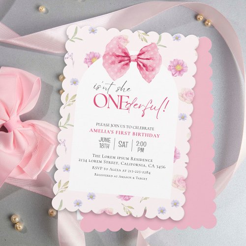 Blush Pink Bow floral Onederful girl 1st birthday Invitation