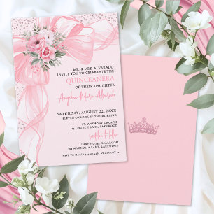 Blush Pink Bow Floral Quinceanera Invitation